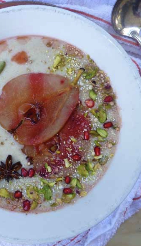 Amaranth Porridge with Raspberry Infused Pears