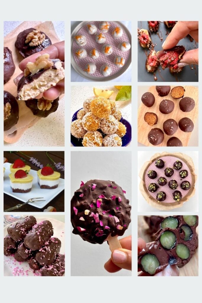 10 bite-sized vegan treats - energy balls, truffles and no-bake chocolate bites for healthy snacking.