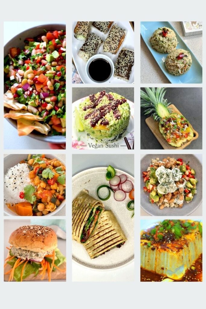 collage of high-protein vegan meals including curries, salads, burgers and nourish bowls 